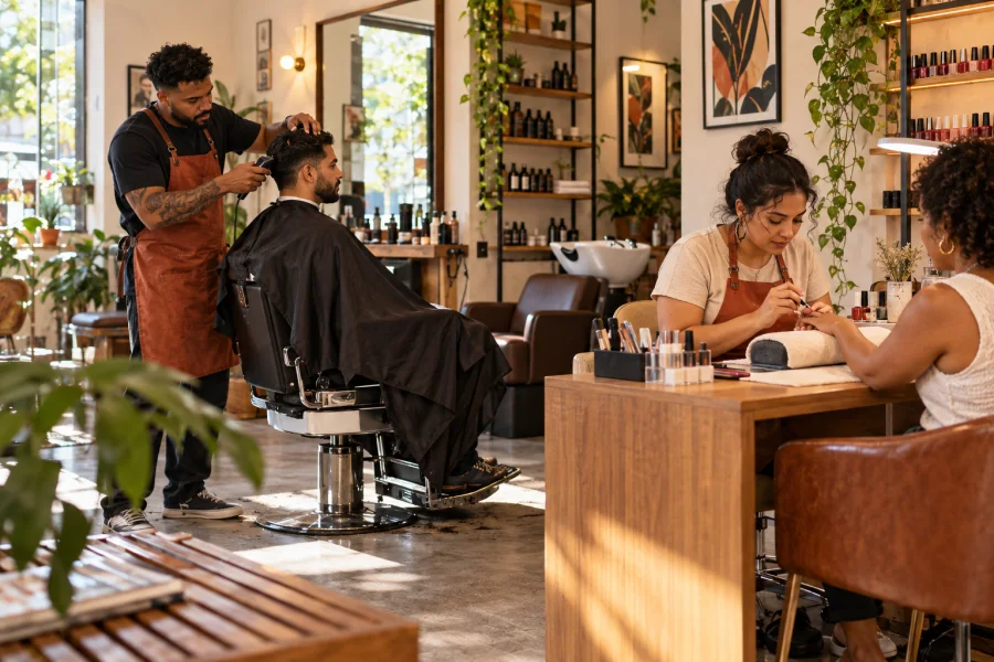 Barbeiro e manicure atendem clientes em um salão de bairro