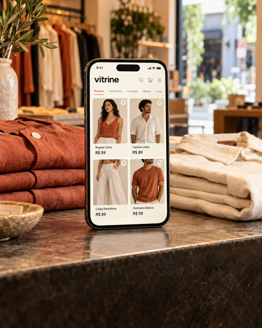 Celular com catálogo ilustrativo de roupas, fotos e preços ao lado das peças no balcão
