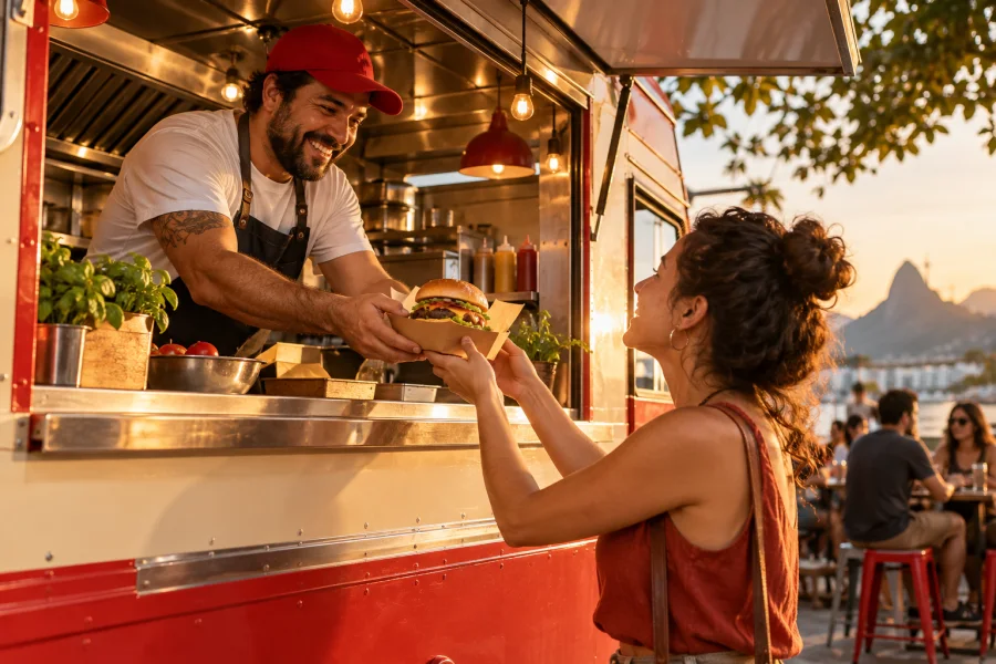 Atendente de food truck entrega um hambúrguer a um cliente pela janela
