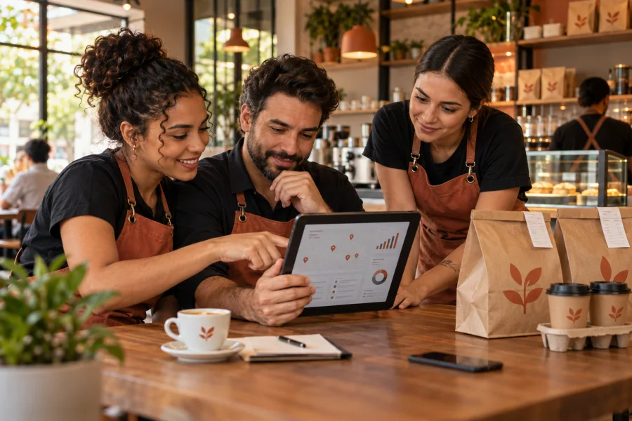 Gestores de uma rede de cafés consultam um tablet durante uma reunião na loja