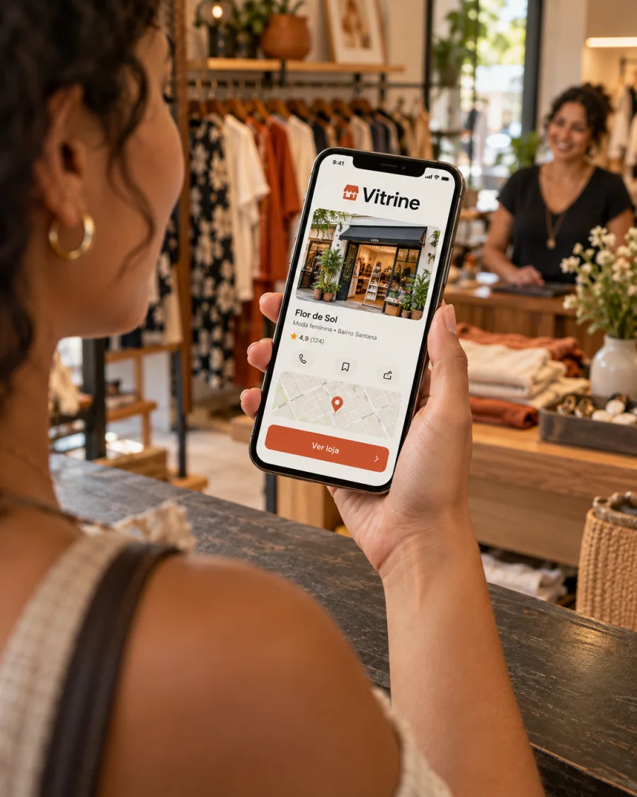 Cliente consulta a vitrine de uma loja de roupas no celular, diante do balcão